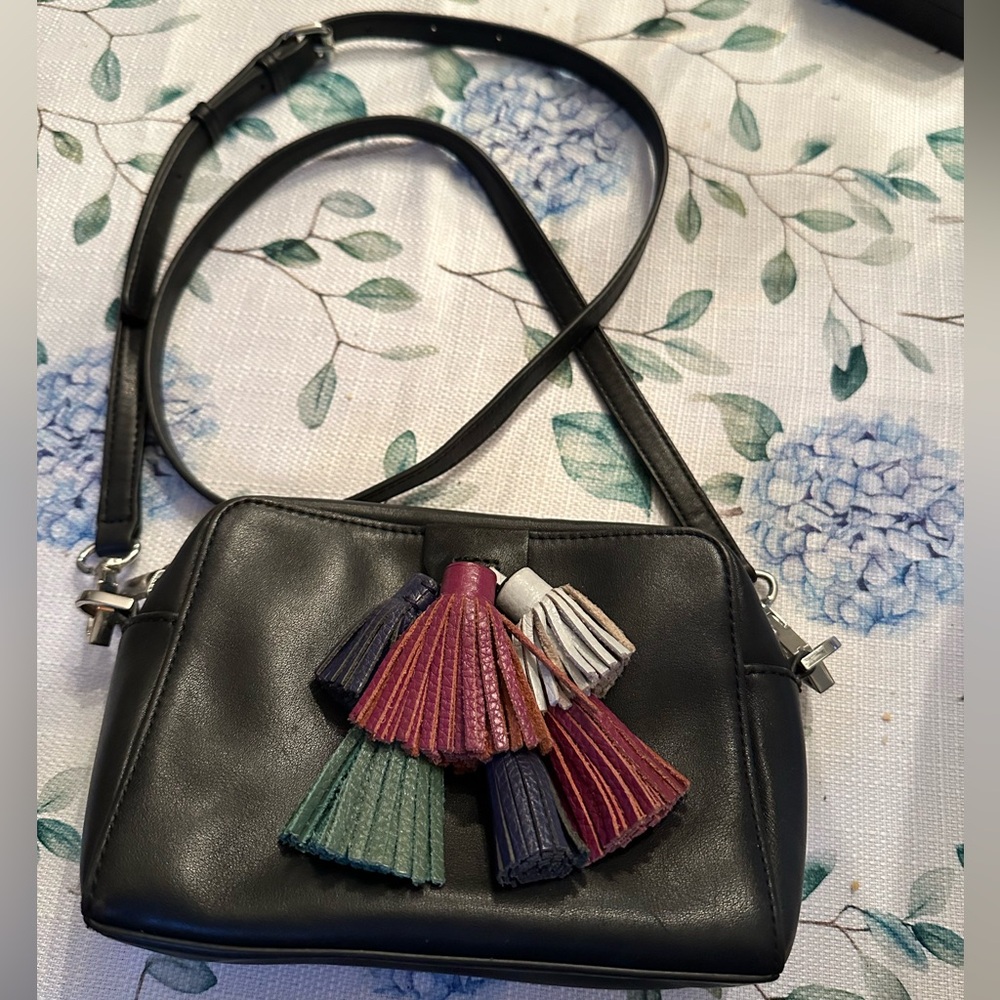 Black leather Rebecca Minkoff Crossbody Bag with colorful decal in front